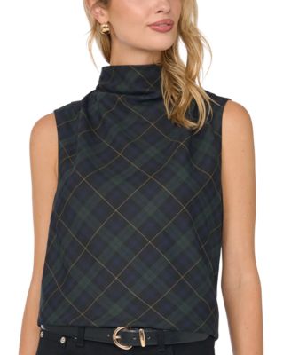 Women's Cowl Neck Sleeveless Plaid Blouse