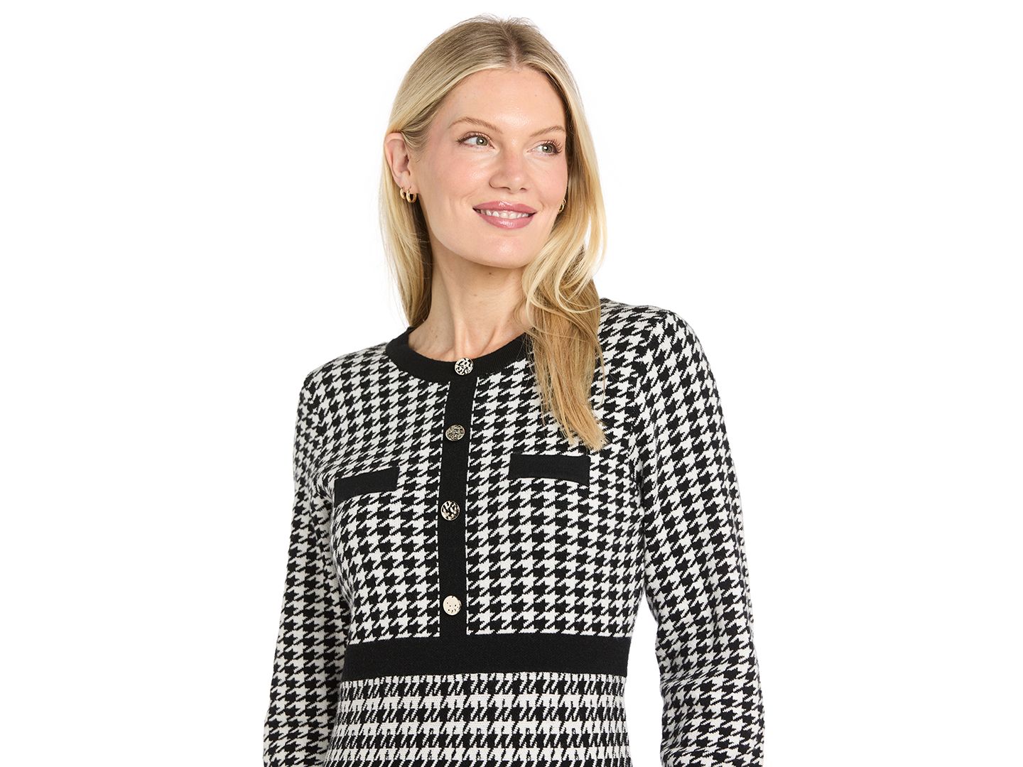 Женское платье R & M Richards Fit Flare Houndstooth Long-Sleeve, цвет: Чёрный белый — фото 2