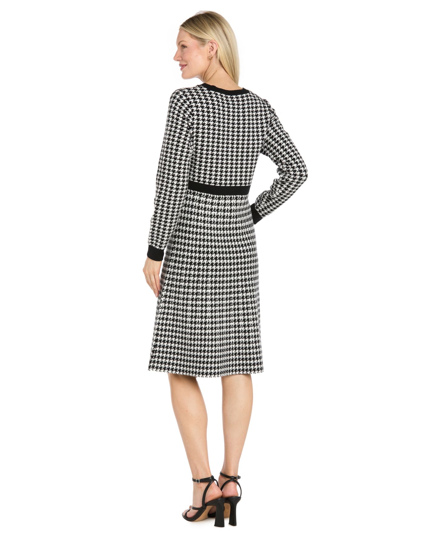 Женское платье R & M Richards Fit Flare Houndstooth Long-Sleeve, цвет: Чёрный белый — фото 3