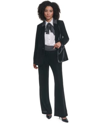 Women's KL2038 Velvet Shoulder-Padded Blazer, Long-Sleeve Satin Button-Up Blouse and Velvet High-Waisted Wide-Leg Pants
