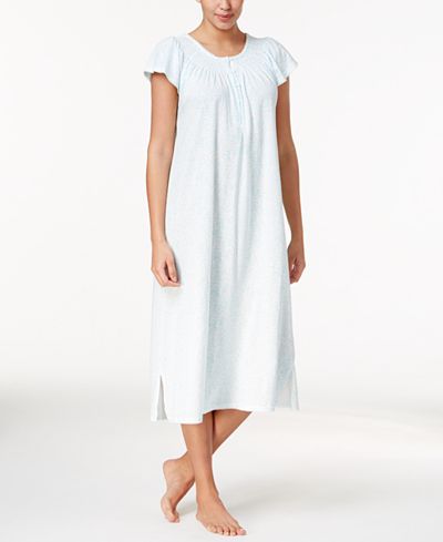 Miss Elaine Smocked Flutter-Sleeve Knit Nightgown