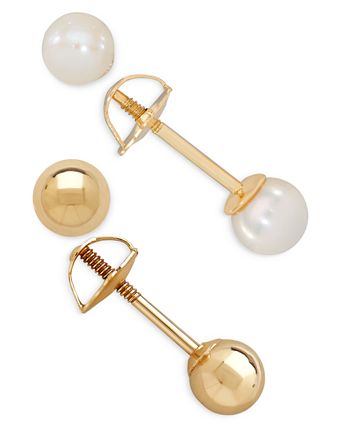 Macy's - 2-Pc Set Cultured Freshwater Pearl (3-3/4mm) and Gold Ball Earring Set in 14k Gold