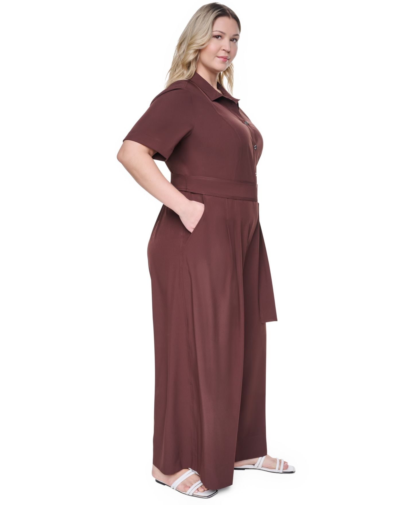 Женский комбинезон DKNY Plus Size Wide-Leg Short-Sleeve Tie Belt Jumpsuit, цвет: Java — фото 2