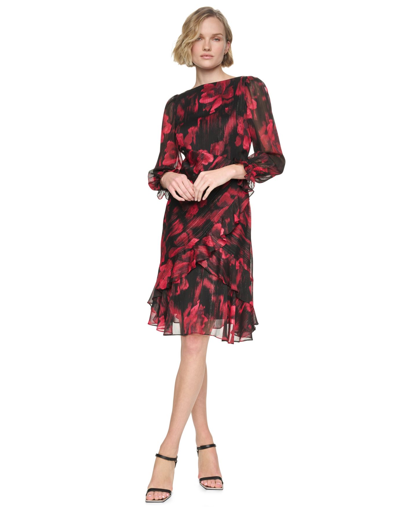 Женское платье DKNY Petite Boat-Neck Long-Sleeve Floral-Print, цвет: Малиновый — фото 2