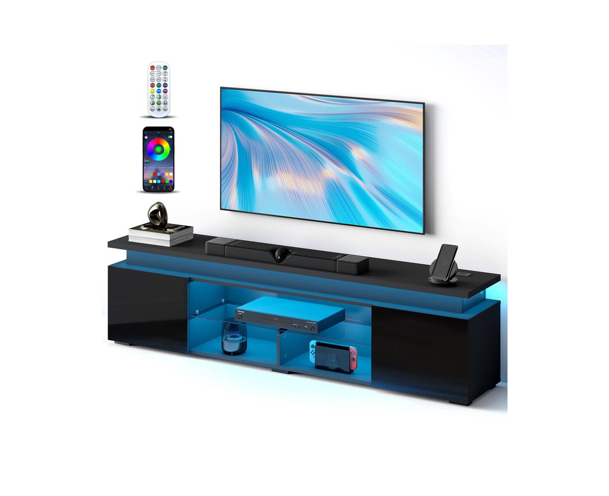 Skyzoo Modern Tv Stand for 50/55/65/75/85" inches Tv with Led Lights Power Outlet Entertainment Center Media Console for Living Room - Black