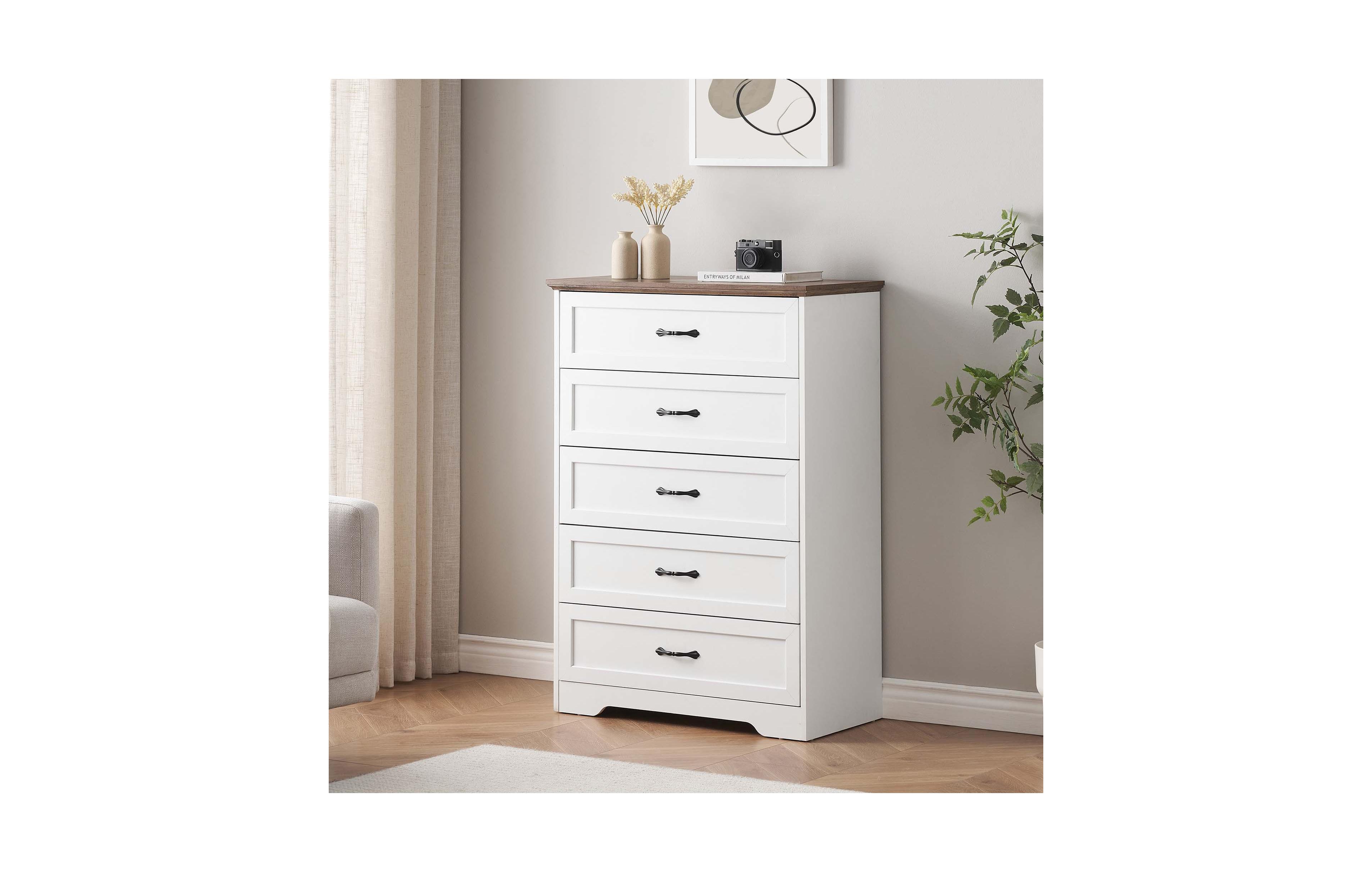 homfan Farmhouse 6-Drawer Wood Dresser Chest with Metal Handles Water-Resistant Surface Anti-Tip Safety for Bedroom Hallway Entryway