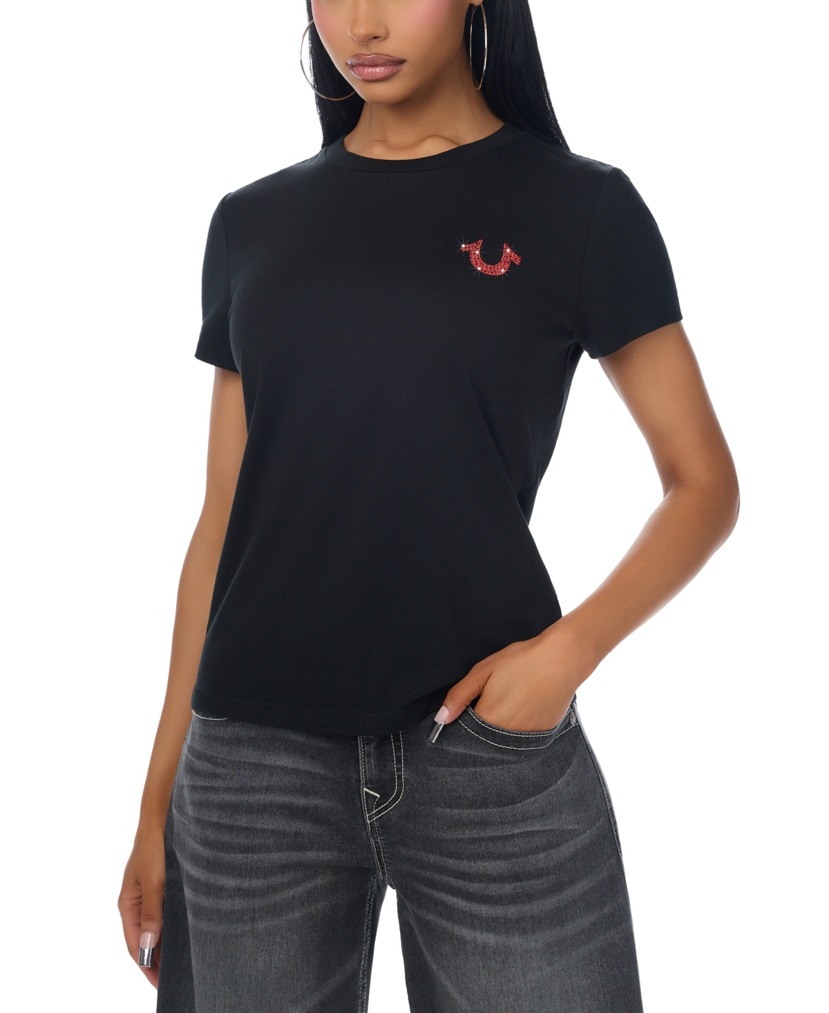 True Religion Women's Crystal Buddha Short-sleeve Graphic Crew Neck T-shirt In Black