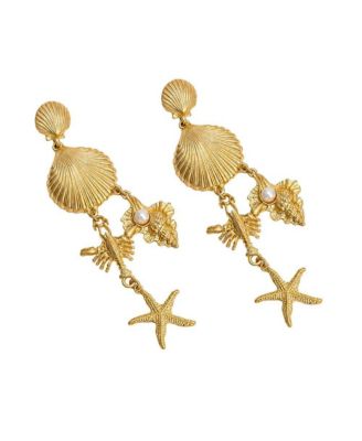 Faux Pearl/Gold-Tone Shell and Starfish Charm Drop Earrings