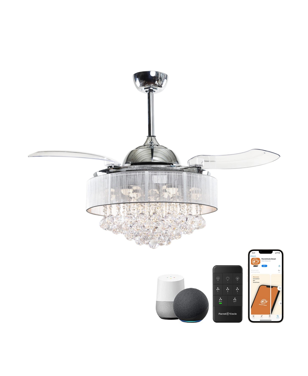 Parrot Uncle 42 Glam Crystal Chandelier Smart Ceiling Fan with Light and Remote, App Control, Voice Control