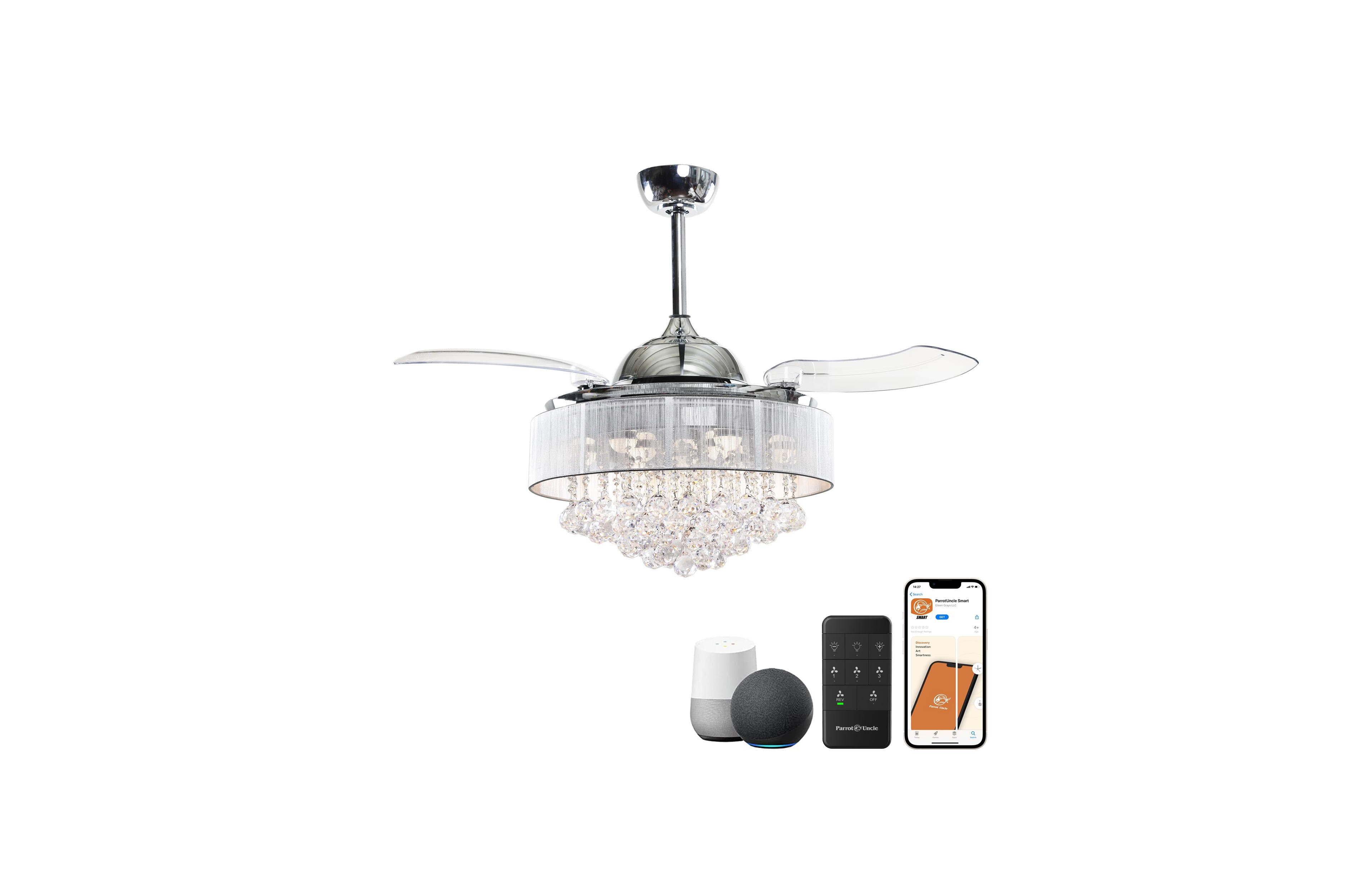 Parrot Uncle 42 Glam Crystal Chandelier Smart Ceiling Fan with Light and Remote, App Control, Voice Control