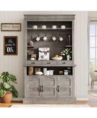 Set of 2 72 Inch Farmhouse Coffee Bar Cabinet Sideboard Buffet with LED Light, Shelf, 6 Hooks and 3 Drawers for Kitchen and Dining Room