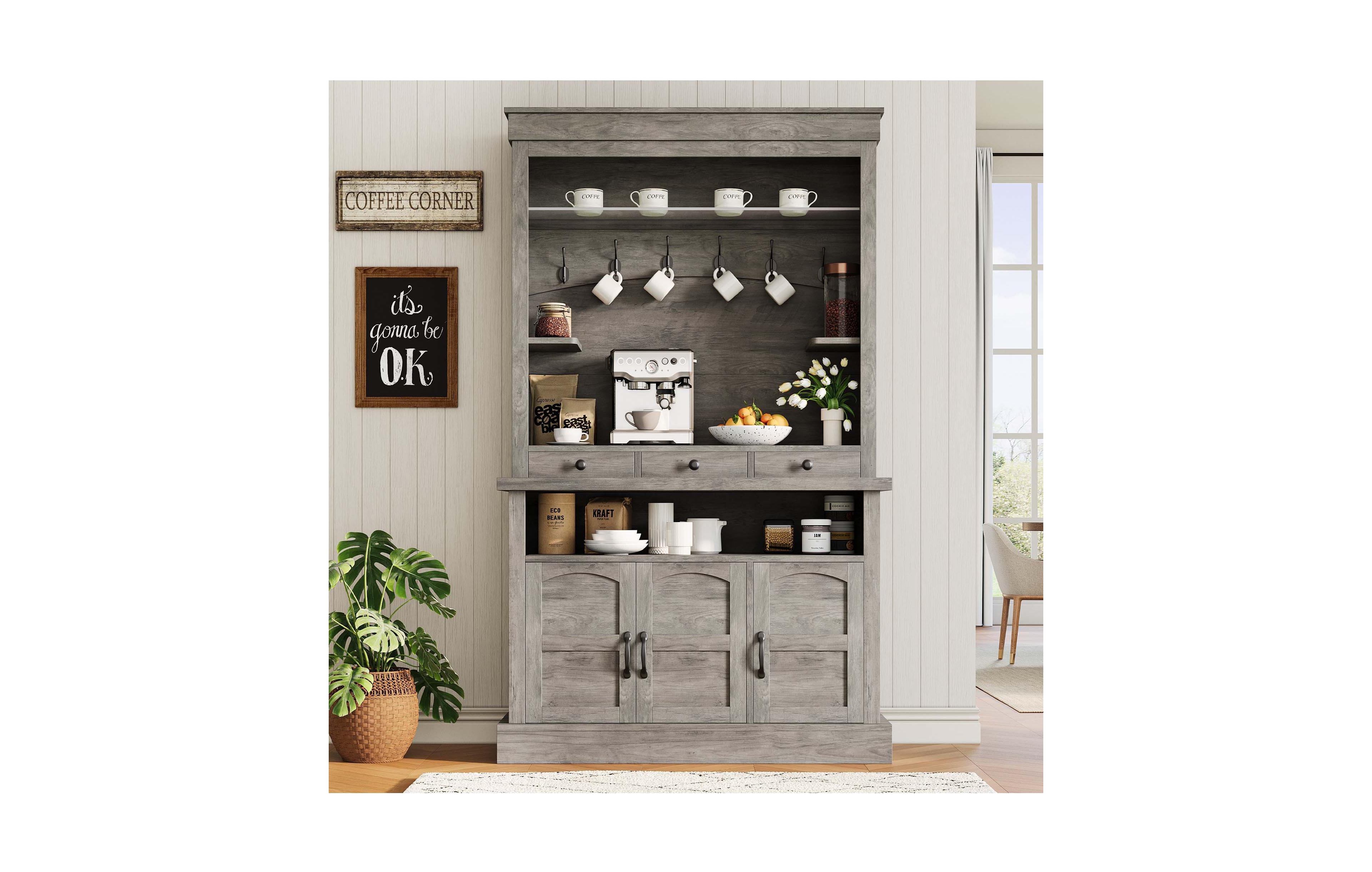 gaomon Set of 2 72 Inch Farmhouse Coffee Bar Cabinet Sideboard Buffet with Led Light, Shelf, 6 Hooks and 3 Drawers for Kitchen and Dining Room