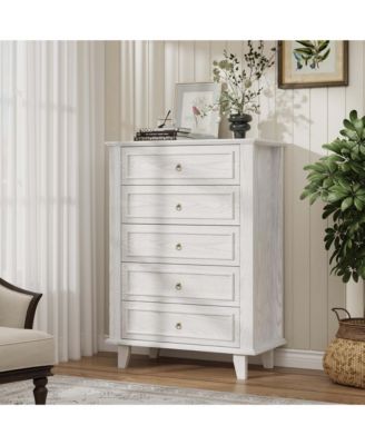 5 Drawers Wooden Dresser Chest with Deep Storage Smooth Metal Rails Anti-Tipping Retro Design for Bedroom Entryway 43.3 Inch