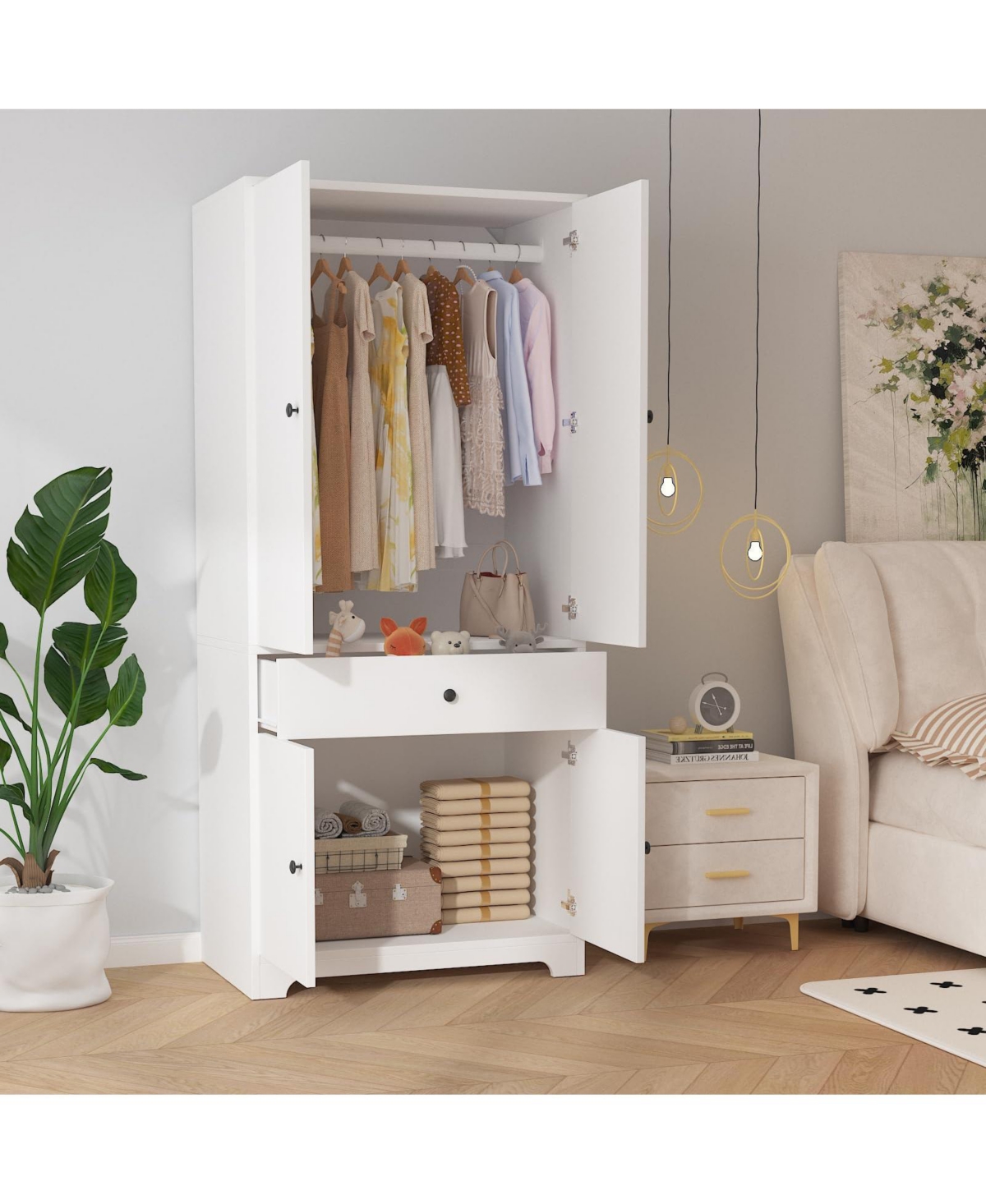 gaomon 71-In Modern 4-Door Wooden Armoire Wardrobe with 1 Drawer and Hanging Rod, Large Bedroom Clothing Storage Cabinet with Adjustable Shelves - Whi