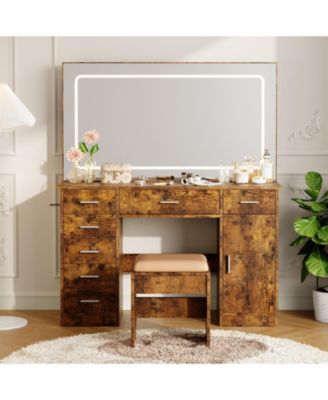 Modern Vanity Desk With Mirror, Led Lights, 7 Drawer Makeup, Adjustable Brightness, Power Outlets, Hair Dryer Holder, Matching Stool