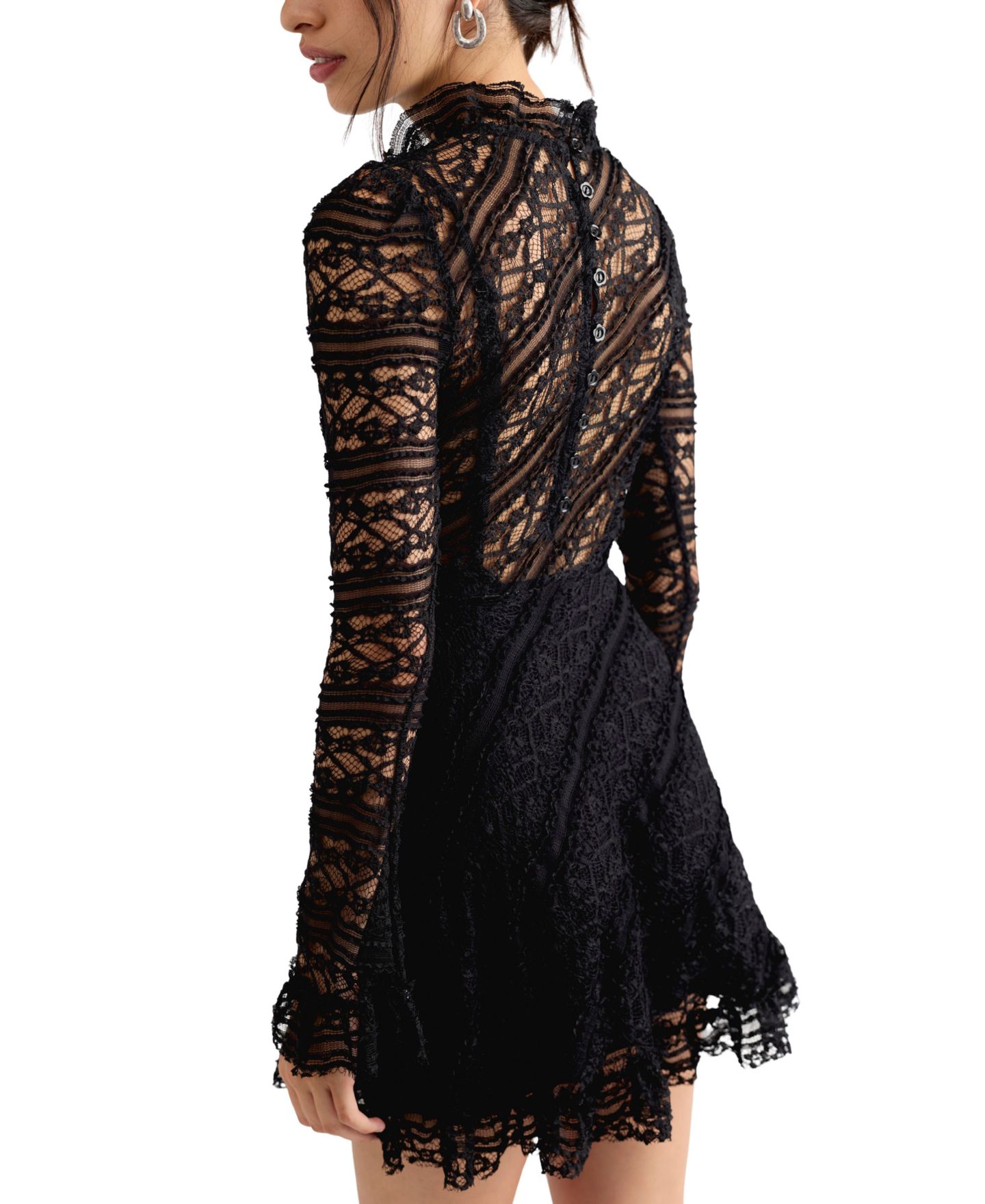 Женское платье Free People Woodland Whispers Long-Sleeve Lace A-Line Mini, цвет: Чёрный — фото 4