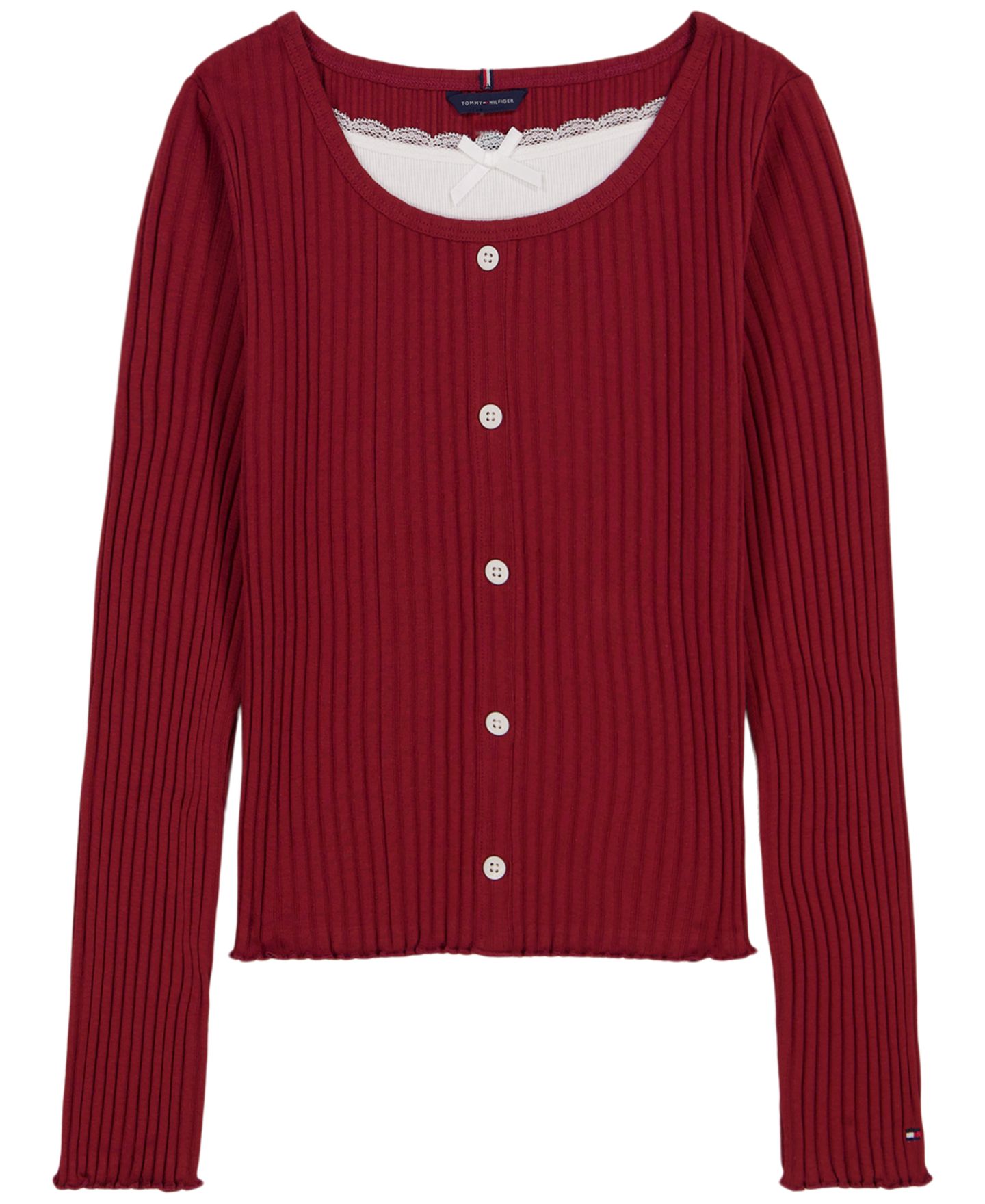 Топ Tommy Hilfiger Fooler Ribbed Lace-Trim Long-Sleeve для девочек, цвет: Мерло — фото 1