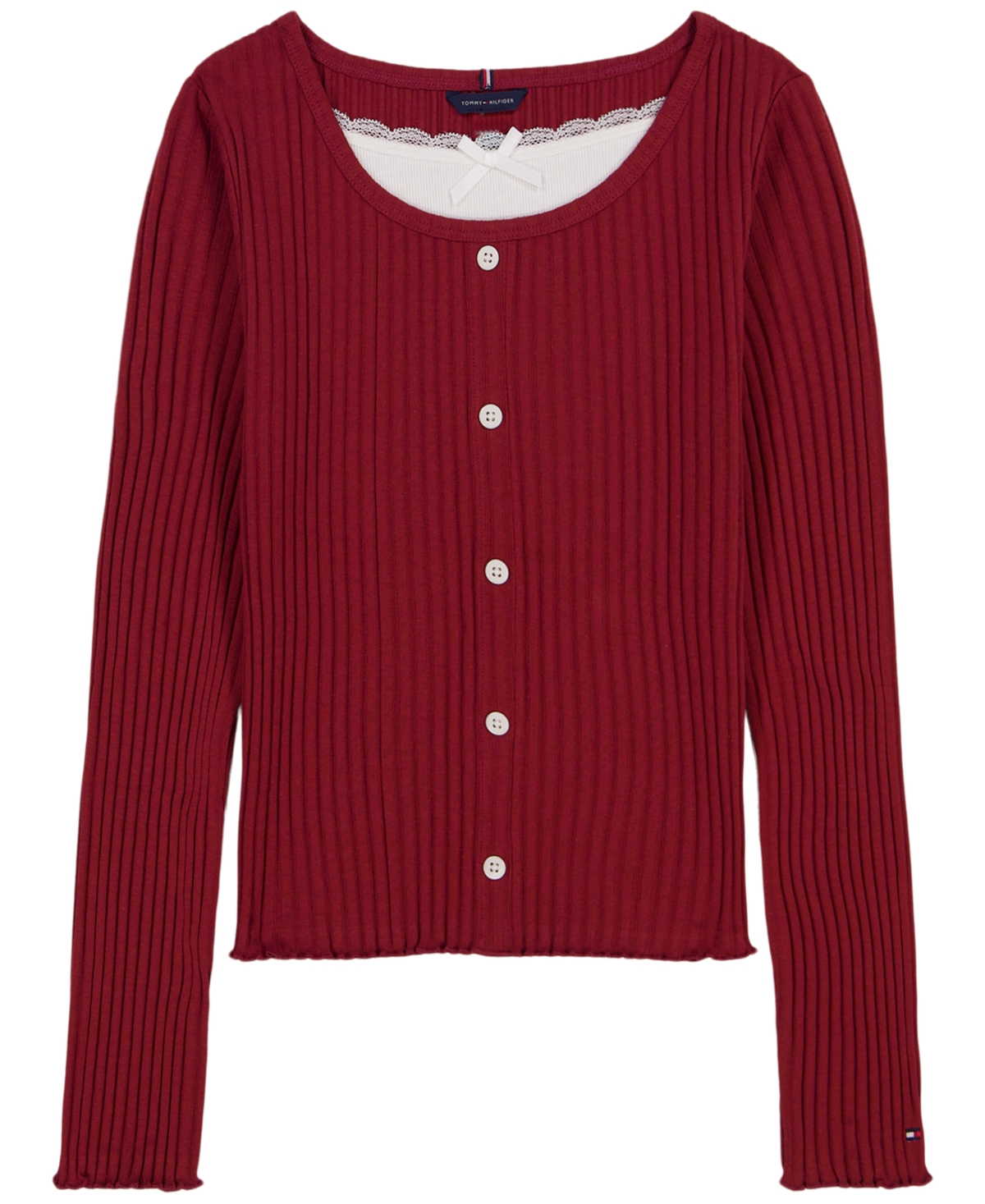 Tommy Hilfiger Girls' 7-16 Fooler Ribbed Lace-Trim Scoop Neck Top - Merlot