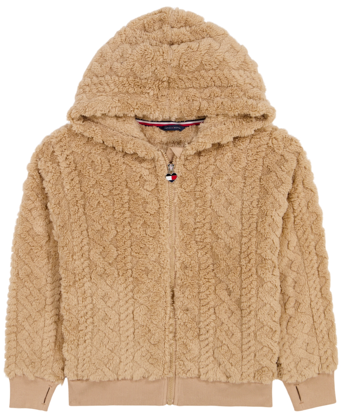 Tommy Hilfiger Girls' 7-16 Full-Zip Cable-Knit Sherpa Hoodie - Camel