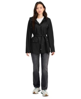 Women's Tie-Waist Snap-Front Hooded Rain Coat