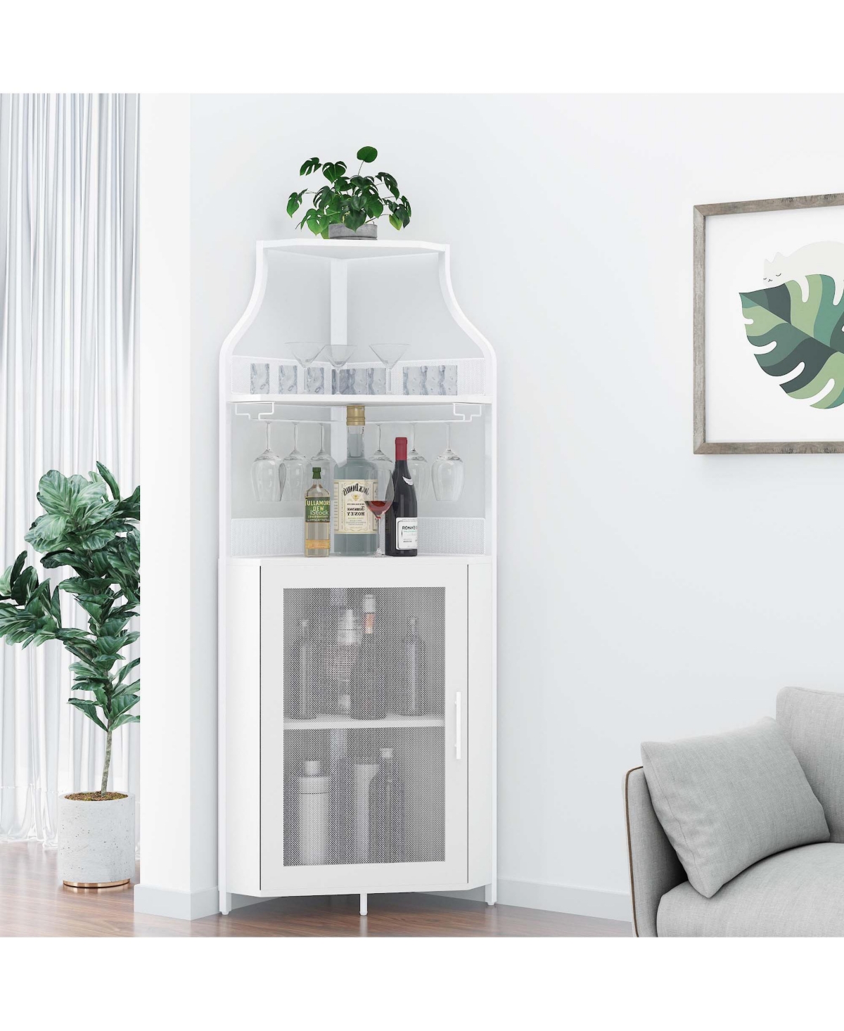 homfan Corner Wine Bar Cabinet 61 Inch 5-Tier with Adjustable Shelves Glass Holder Mesh Door Mdf Iron Legs for Home Bar Kitchen