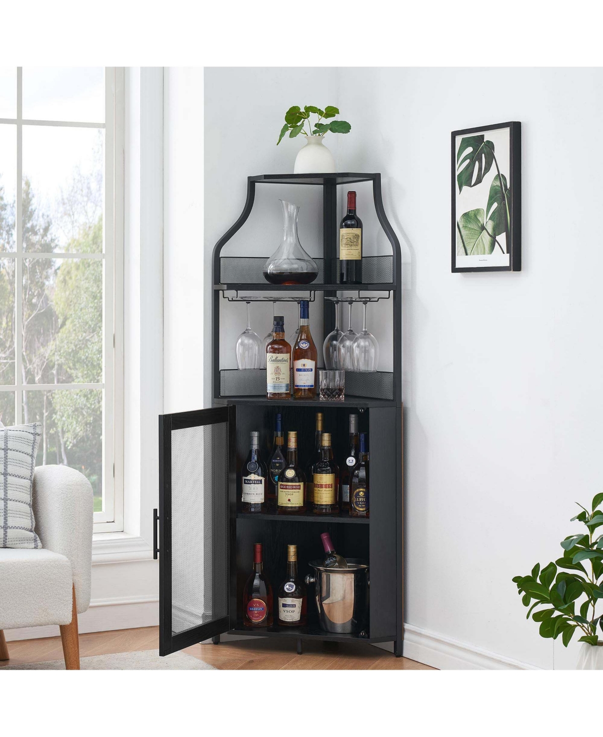 homfan Corner Wine Bar Cabinet 61 Inch 5-Tier with Adjustable Shelves Glass Holder Mesh Door Mdf Iron Legs for Home Kitchen