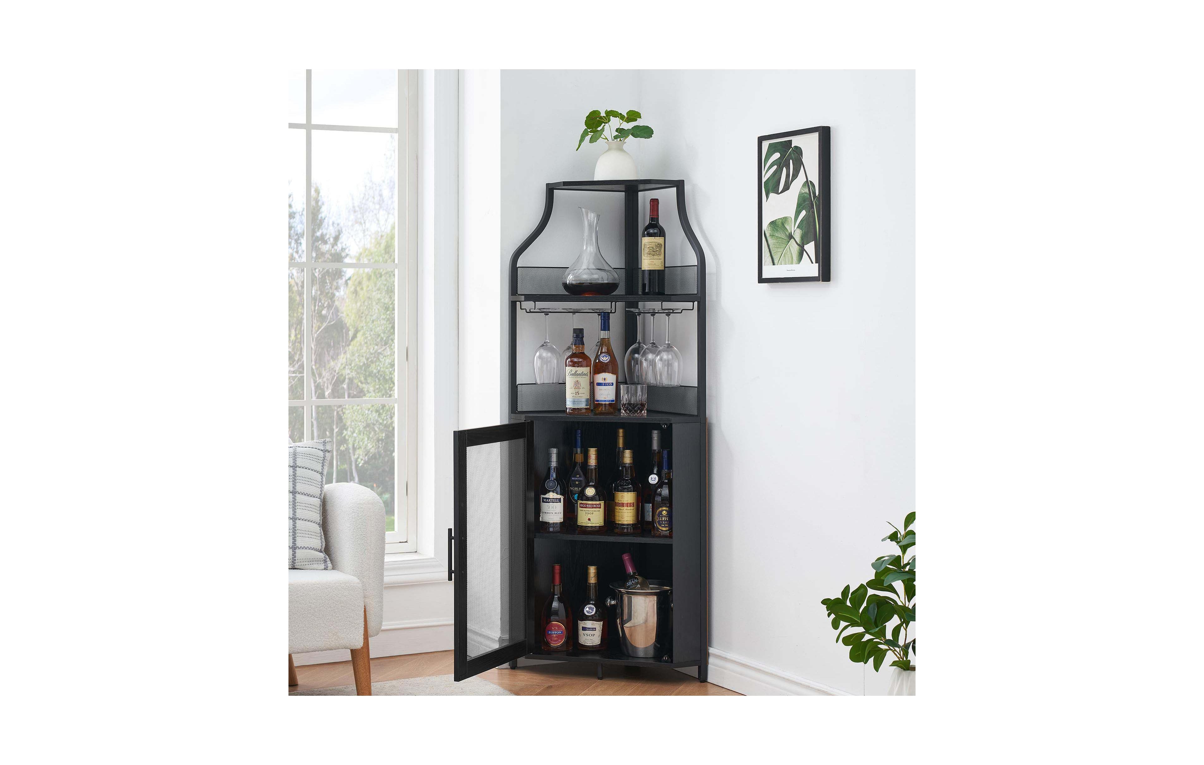 homfan Corner Wine Bar Cabinet 61 Inch 5-Tier with Adjustable Shelves Glass Holder Mesh Door Mdf Iron Legs for Home Kitchen