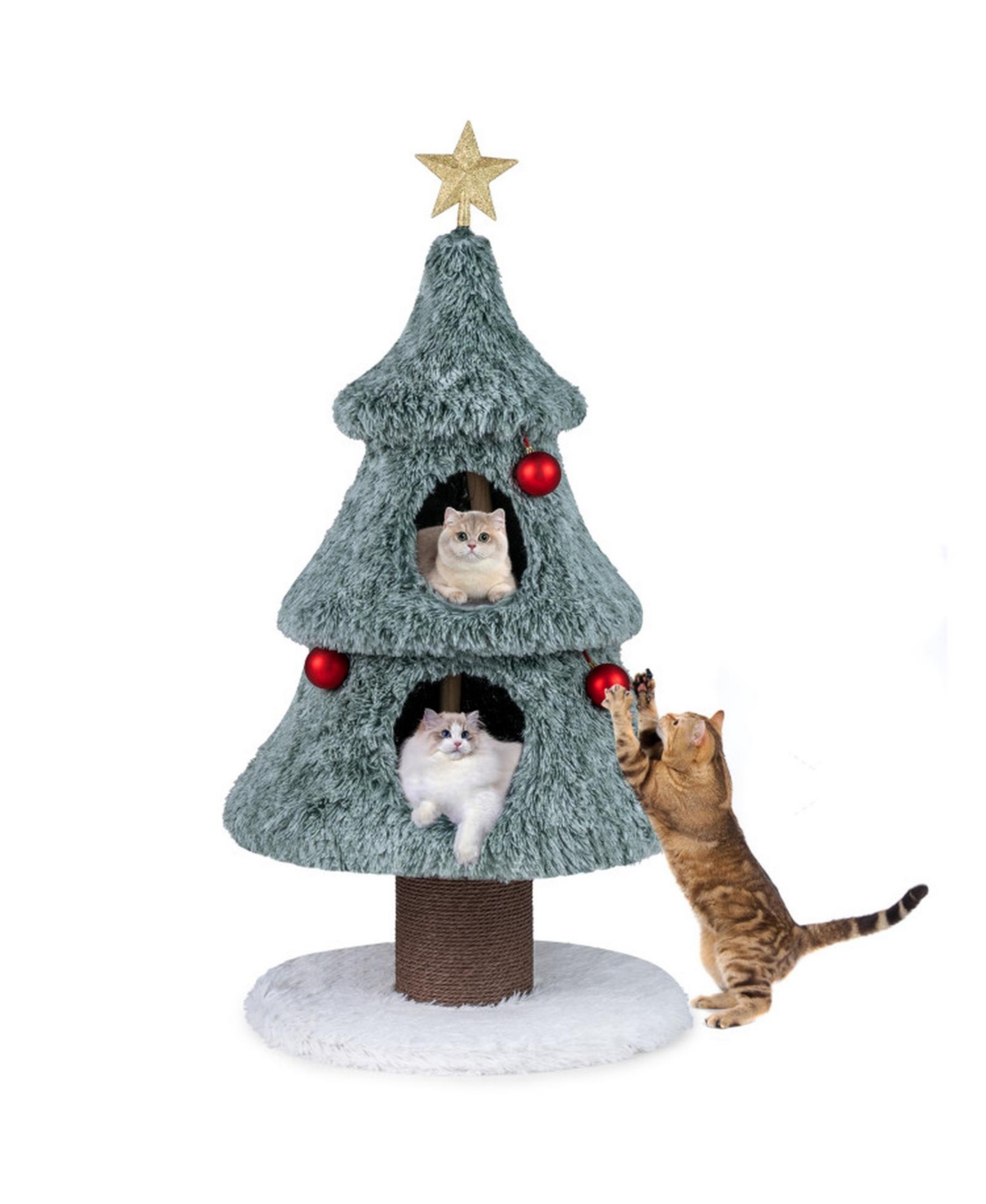 Sugift 48.5 Inch Holiday Cat Tower with 2 Semi-Enclosed Condos Frosted Plush and Jute Post - Green