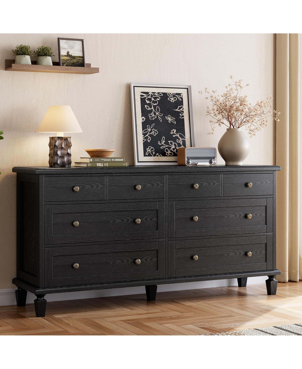 homfan 8 Drawer Vintage Wood Dresser with Carved Handles and Tapered Legs Large Storage Chest for Bedroom Tv Stand 59 Inch