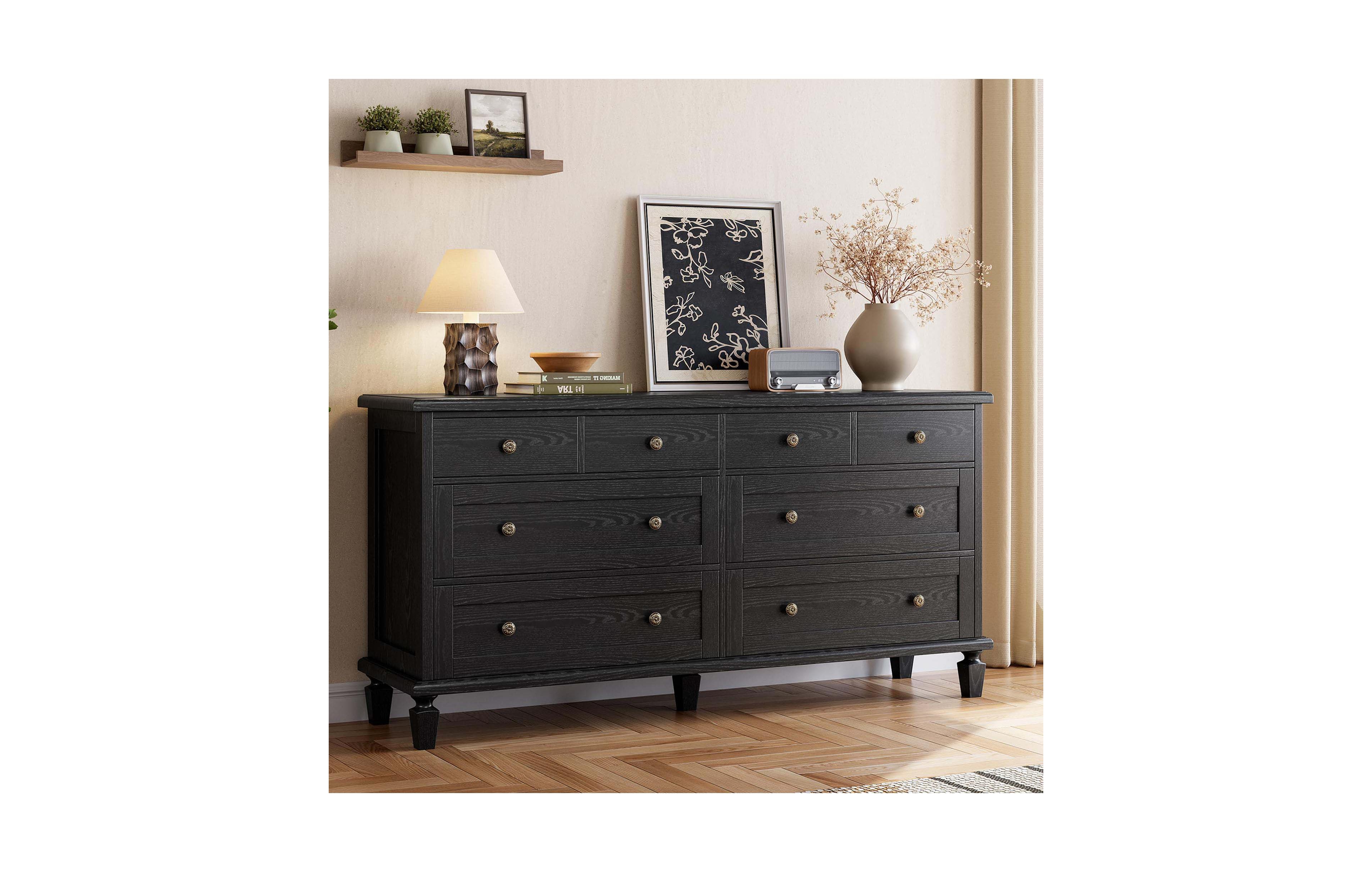 homfan 8 Drawer Vintage Wood Dresser with Carved Handles and Tapered Legs Large Storage Chest for Bedroom Tv Stand 59 Inch