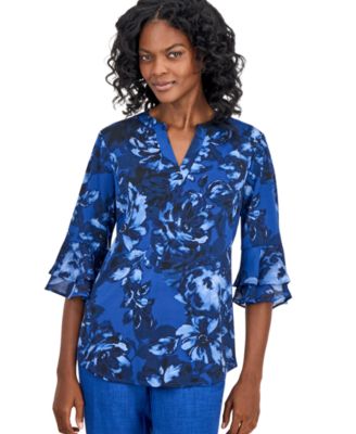 Women's Mixed-Media Tiered-Flutter-Sleeve Top
