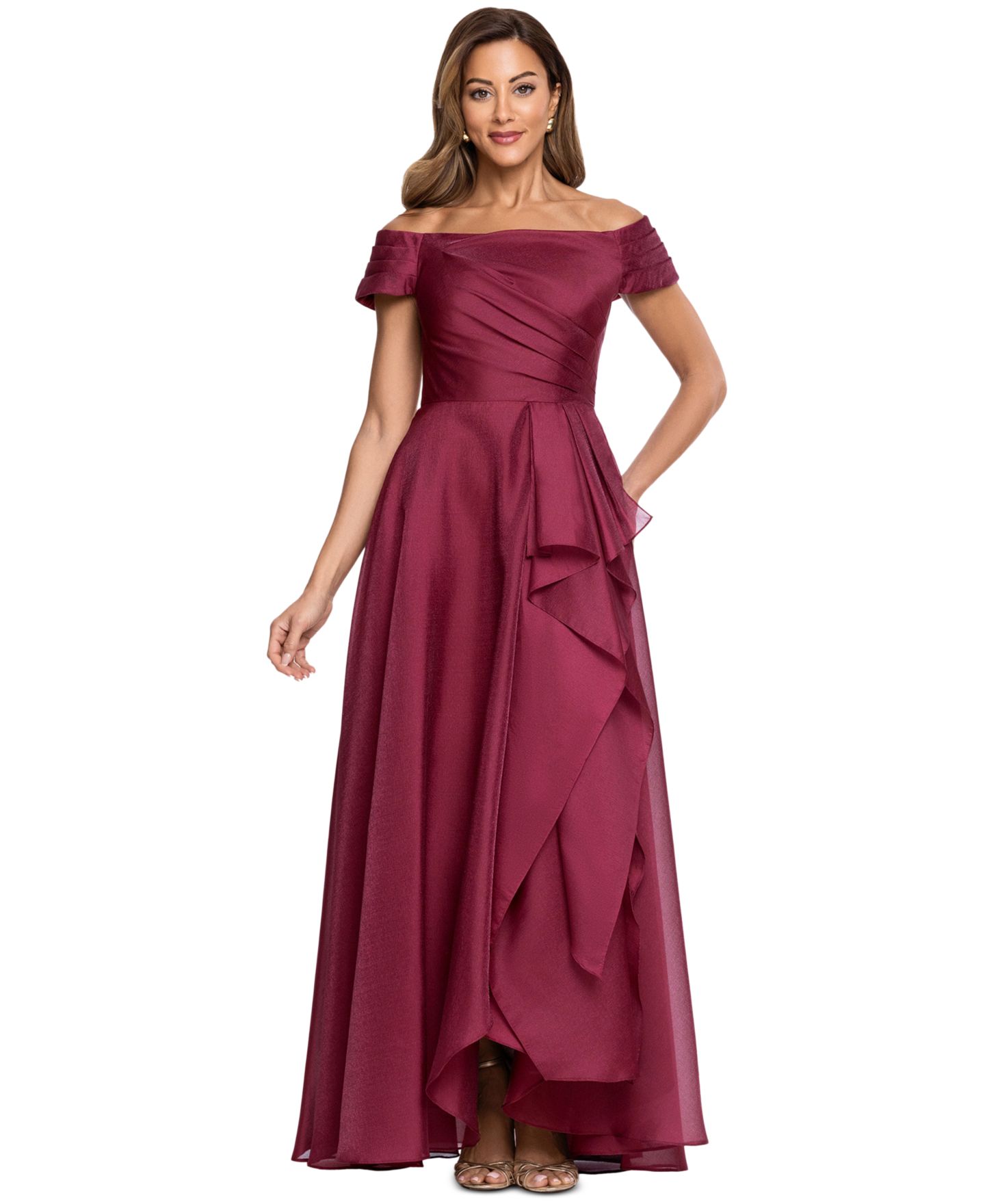 Женские платья XSCAPE Embroidered Floral Off-The-Shoulder Ball Gown, цвет: Винный — фото 1