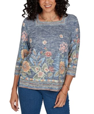 Petite Square Neck 3/4-Sleeve Floral-Print Knit Top