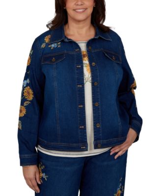Plus Size Floral-Embroidered Denim Jacket