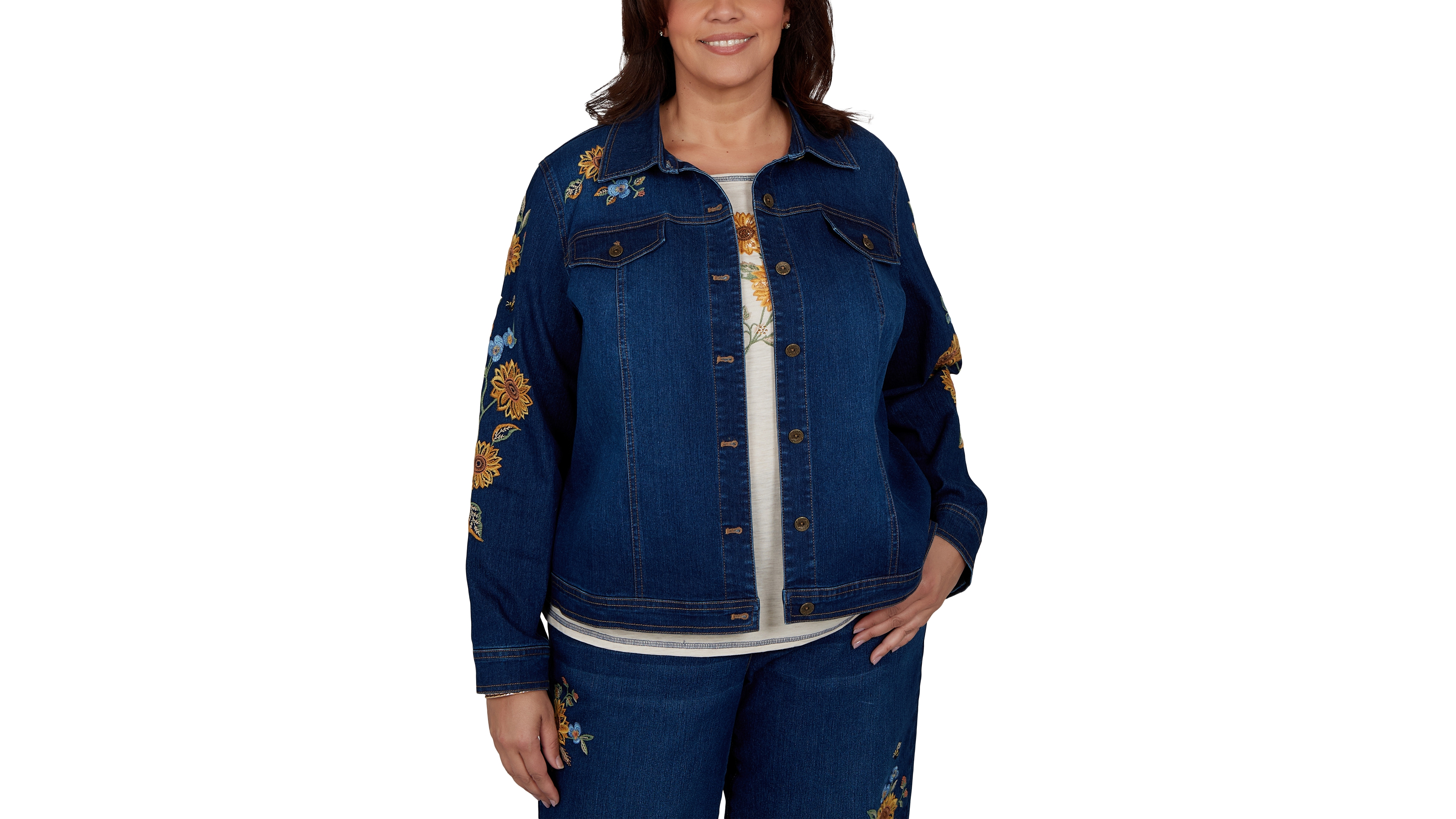Alfred Dunner Plus Floral-Embroidered Denim Jacket