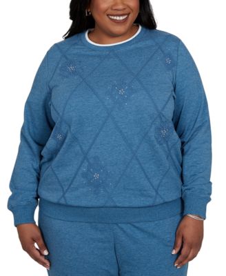 Plus Size Crewneck Long-Sleeve Argyle With Rhinestone Embellishments Top