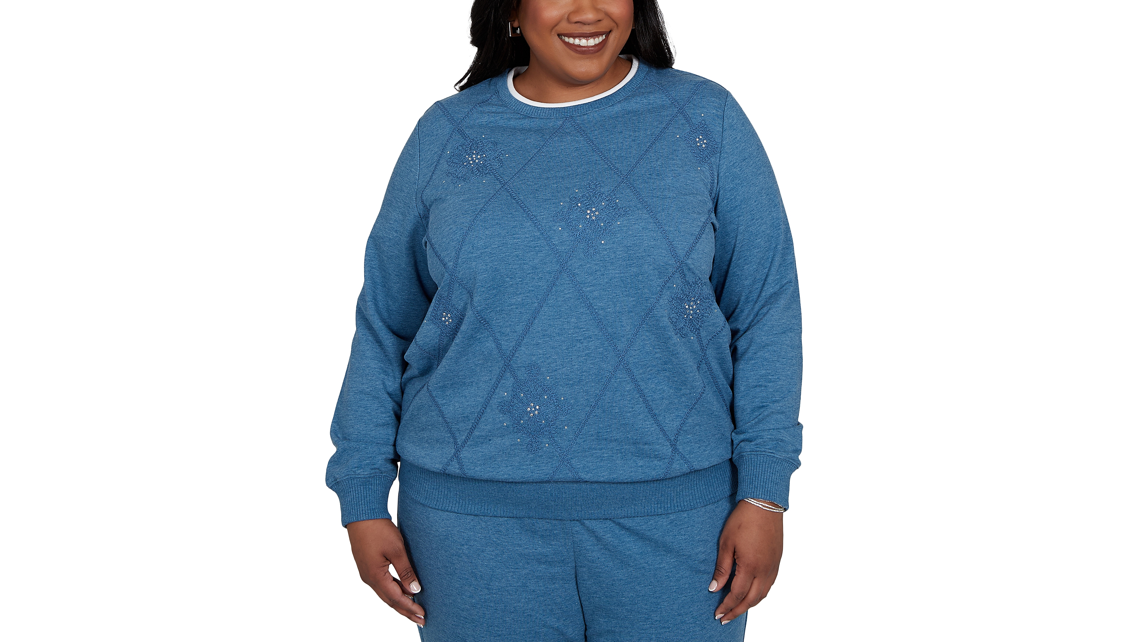 Alfred Dunner Plus Crewneck Long-Sleeve Argyle With Rhinestone Embellishments Top