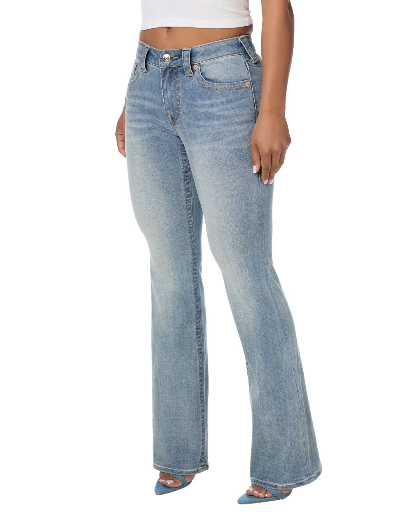 Женские джинсы True Religion Super T Stretch клеш со средней посадкой, светлая стирка, цвет: Маковый — фото 2