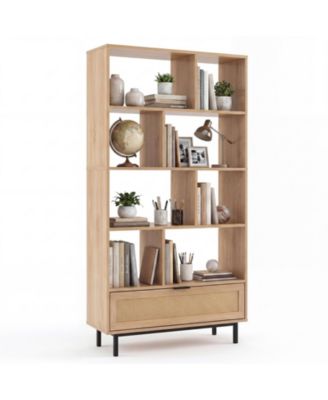 64 Inch 6-Tier Engineered Wood and Metal 8-Cube Rattan Drawer Bookcase