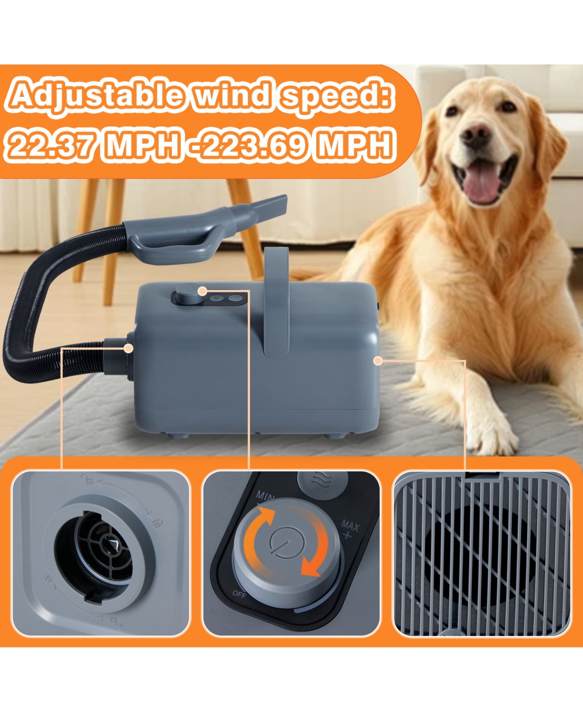 Zeny 1550W High Velocity Pet Hair Dryer, Adjustable Speed and Temp with 4 Nozzles for Dog Grooming