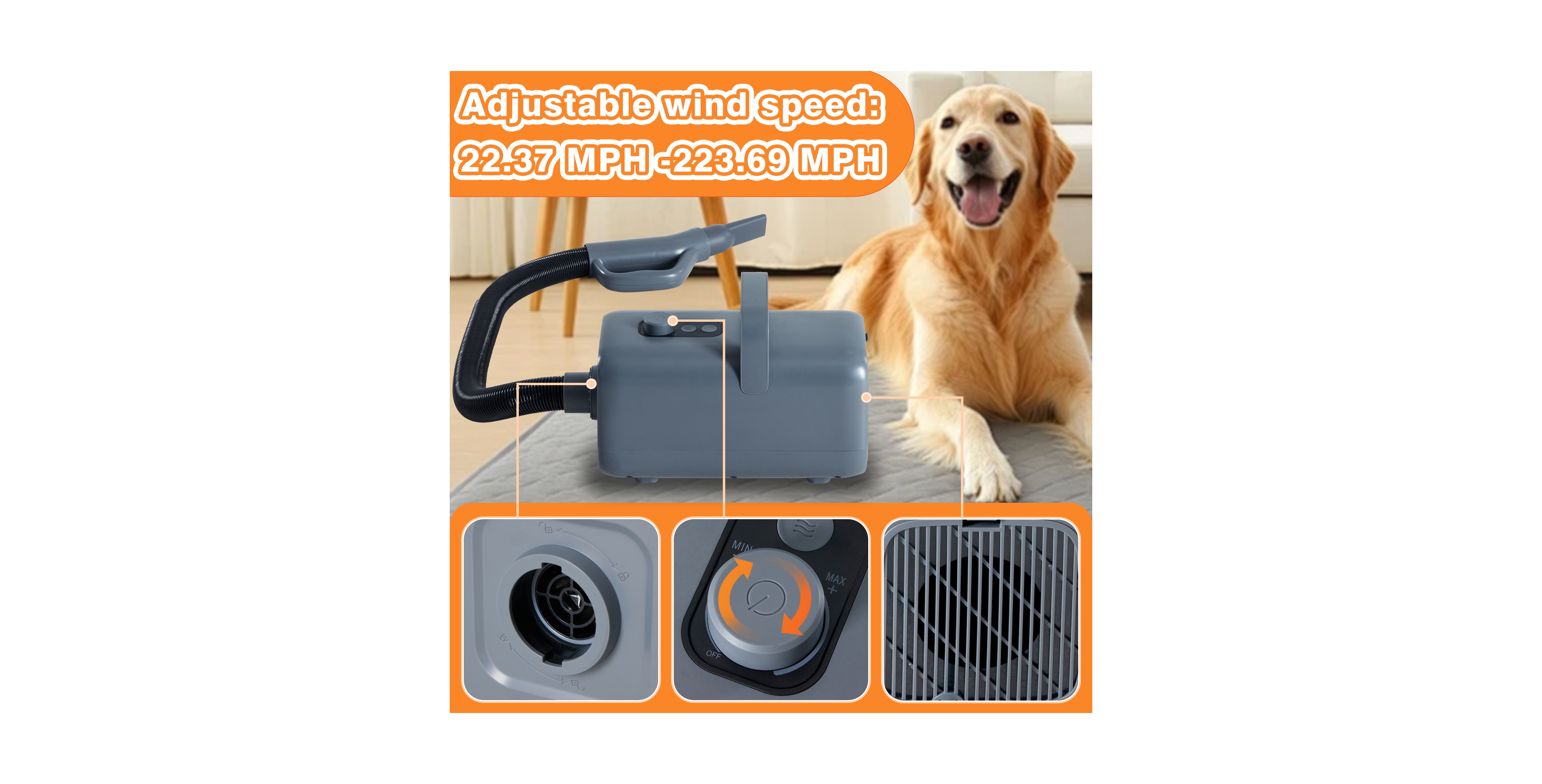 Zeny 1550W High Velocity Pet Hair Dryer, Adjustable Speed and Temp with 4 Nozzles for Dog Grooming