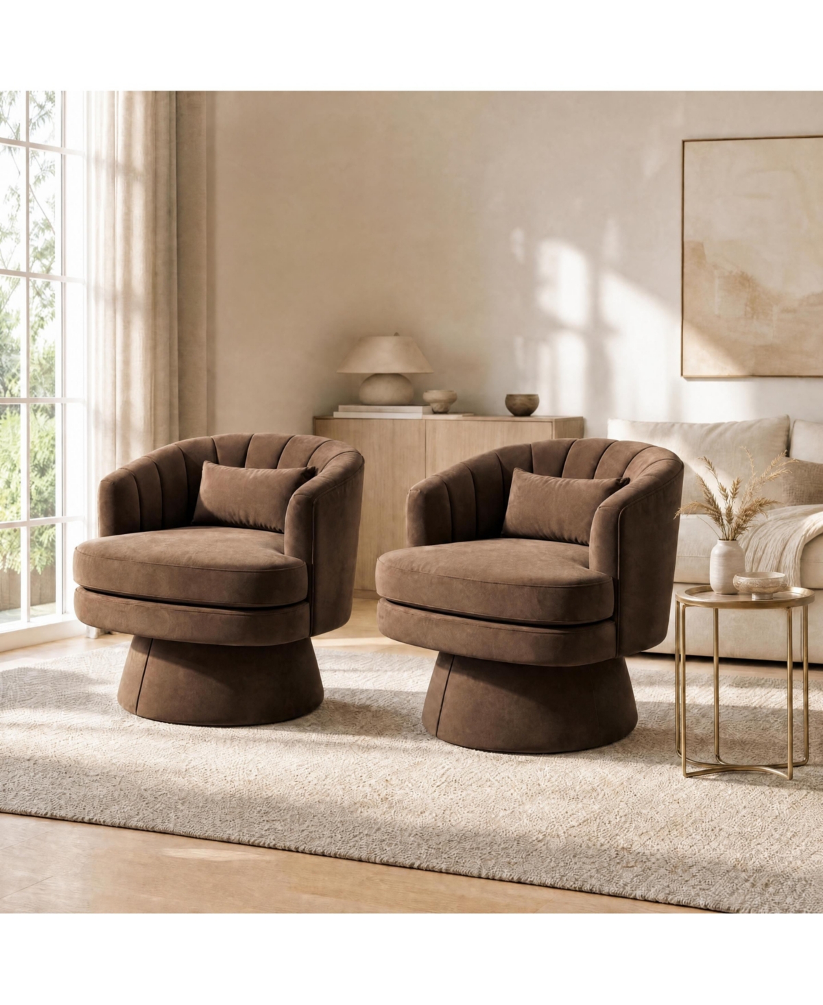 homfan Set of 2 360-Degree Rotation Barrel Chairs Velvet Coffee Tufted Back Lumbar Pillow Sturdy Base Easy Assembly for Living Room Bedroom Office