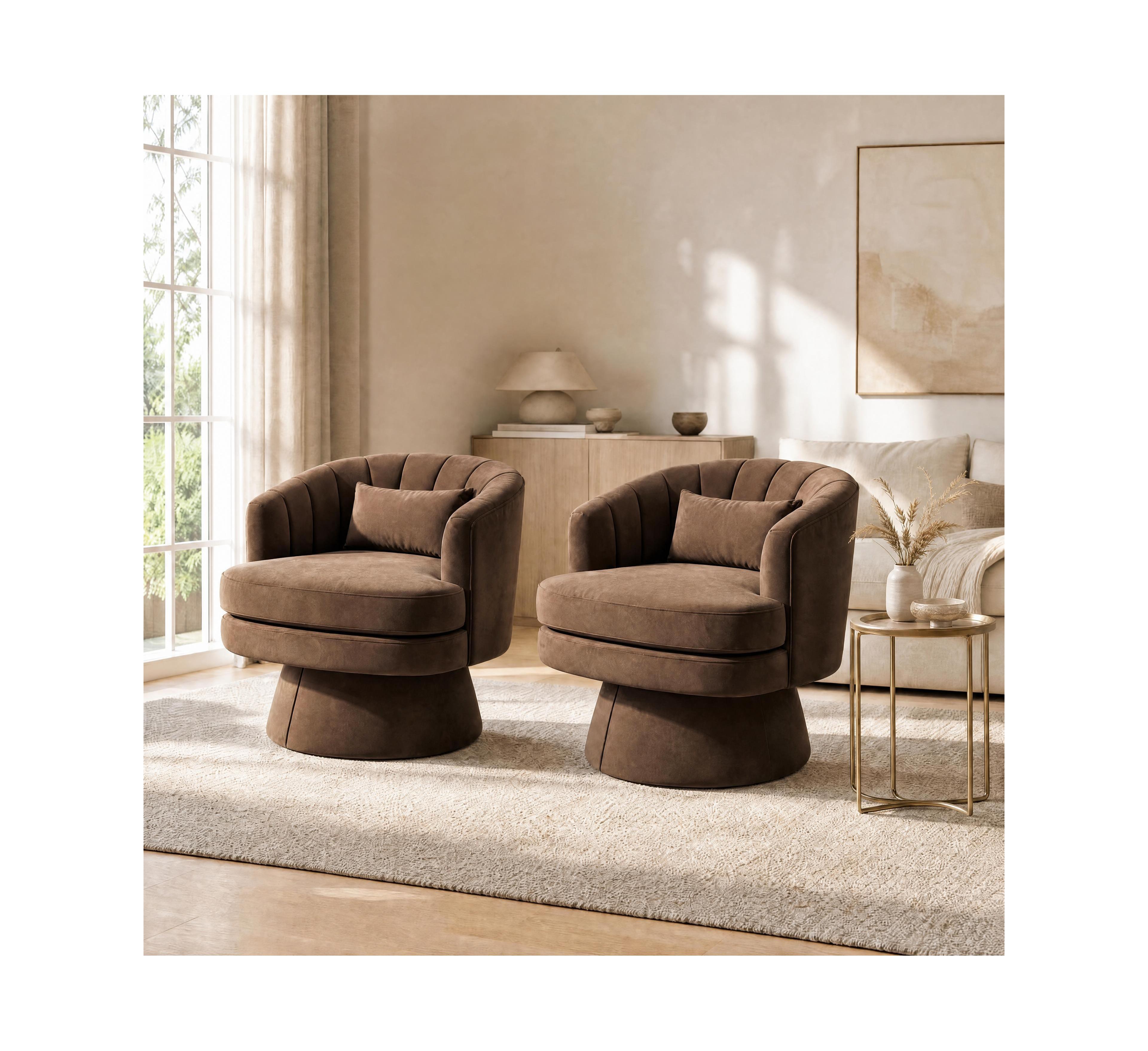 homfan Set of 2 360-Degree Rotation Barrel Chairs Velvet Coffee Tufted Back Lumbar Pillow Sturdy Base Easy Assembly for Living Room Bedroom Office