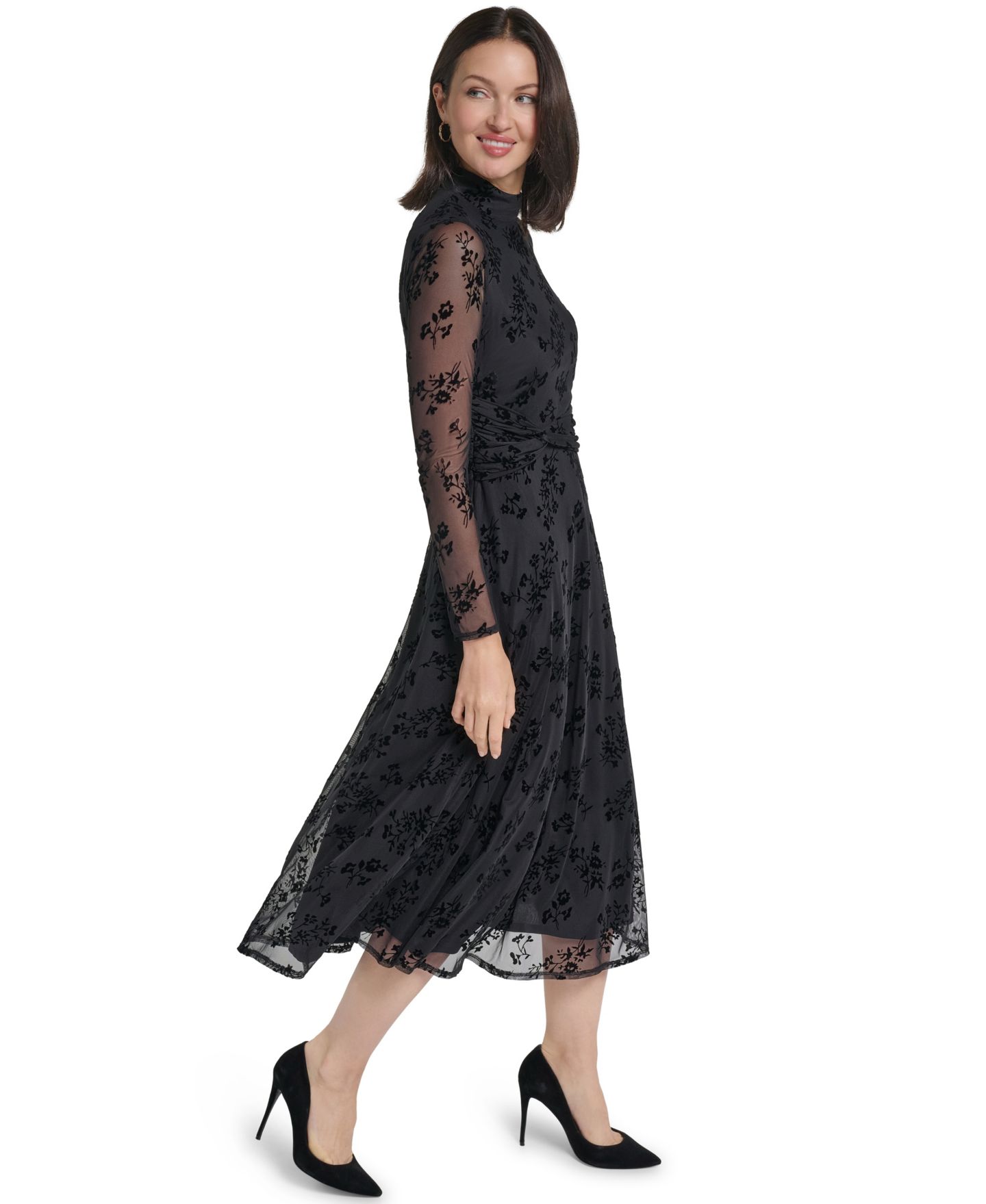 Женское платье Jessica Howard Petite Floral Burnout A-Line Midi, цвет: Чёрный — фото 3