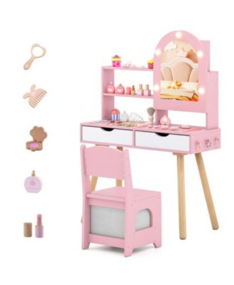 Kids Vanity Set with 3-Color Lighted Mirror Cabinet and Chair for Ages 3 and Up