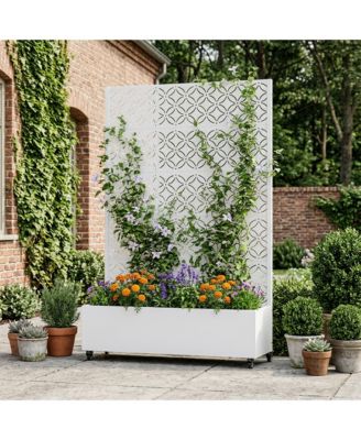 Freestanding Planter Box with Decorative Trellis and Rolling Wheels for Outdoor Patio Garden