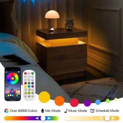 Walnut LED Nightstand with Adjustable Lights and Drawers