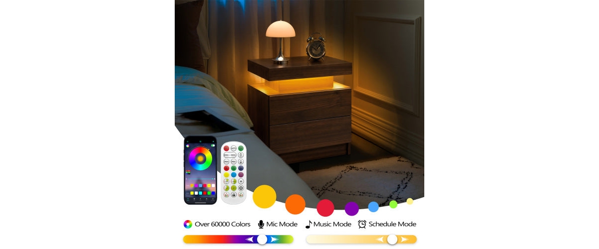 Flynama Walnut Led Nightstand with Adjustable Lights and Drawers - Walnut
