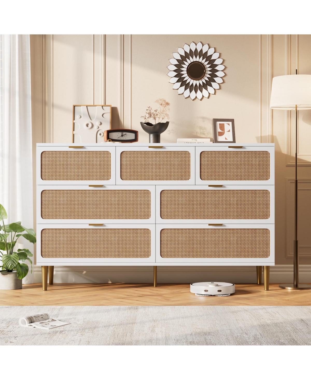 homfan 53.9 x 15.6 x 33.5 in 7 Drawer Dresser, Tall Rattan Chest of Drawers with Steel Legs for Bedroom