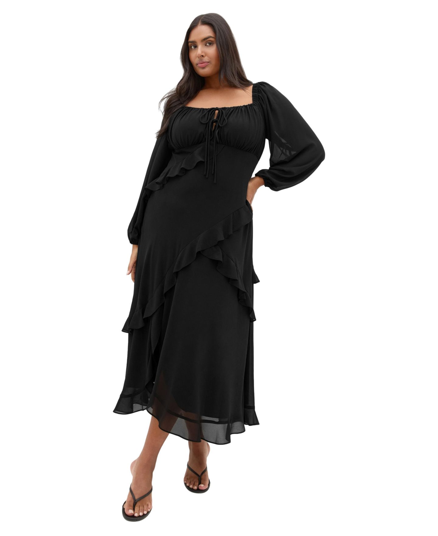 Женское платье CITY CHIC Plus Size Shayla Long-Sleeve Tiered Maxi, цвет: Чёрный — фото 1